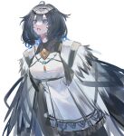  1girl absurdres ahoge arknights black_hair blue_eyes blue_hair breasts dress dutch_angle echj fur_trim highres jewelry kjera_(arknights) lipstick looking_away looking_up makeup medium_breasts multicolored_hair necklace parted_lips simple_background sketch solo two-tone_hair white_background white_dress 