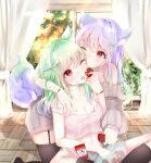  2girls absurdres animal_ears bangs barefoot black_legwear blush bracelet breasts camisole cleavage eyebrows_visible_through_hair fang food fox_ears fruit garter_straps green_hair highres jewelry long_hair looking_at_another medium_breasts multiple_girls multiple_tails off-shoulder_sweater off_shoulder one_eye_closed open_mouth original purple_hair red_eyes sakura_mochiko shorts siblings sisters strap_slip strawberry sweater tail thighhighs yuri 