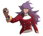  1boy bangs bright_pupils buttons closed_mouth dark-skinned_male dark_skin facial_hair hand_up highres holding holding_poke_ball leon_(pokemon) long_hair male_focus poke_ball pokemon pokemon_(game) pokemon_swsh purple_hair redlhzz simple_background smile solo split_mouth tailcoat ultra_ball white_background white_jabot white_pupils yellow_eyes 