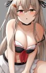  1girl bikini black_bikini blush breasts brown_eyes cleavage collarbone eyebrows_visible_through_hair grey_background hair_between_eyes hair_ornament hairclip heterochromia highres kantai_collection large_breasts light_brown_hair long_hair looking_at_viewer mizushina_minato murasame_(kancolle) navel open_mouth red_eyes remodel_(kantai_collection) simple_background solo swimsuit two_side_up 