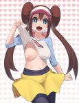  +_+ 1girl :d bangs black_legwear blush bow breasts brown_hair clothes_lift collarbone commentary_request double_bun green_eyes hand_up heart heart_background highres legwear_under_shorts lifted_by_self long_hair looking_at_viewer navel nipples no_bra open_mouth pantyhose pink_bow pokemon pokemon_(game) pokemon_bw2 raglan_sleeves rosa_(pokemon) shirt shirt_lift short_shorts shorts smile solo tongue twintails visor_cap xin_lan_deng yellow_shorts 
