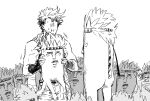  2boys :i battle_tendency caesar_anthonio_zeppeli character_doll clenched_teeth doll feather_hair_ornament feathers fingerless_gloves gloves hair_ornament headband highres holding holding_doll jojo_no_kimyou_na_bouken joseph_joestar joseph_joestar_(young) male_focus monochrome multiple_boys nigelungdayo scarf striped striped_scarf sweat teeth too_many too_many_dolls transformation triangle_print 