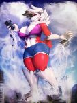  3:4 anthro big_breasts blue_bottomwear blue_clothing blue_shorts bottomwear breasts clothing cloud destruction female fur general-irrelevant hi_res holding_building lycanroc macro midnight_lycanroc navel nintendo outside pink_sclera pok&eacute;mon pok&eacute;mon_(species) red_body red_fur shorts smile solo standing video_games white_body white_fur 