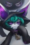  1girl animal_ears bangs black_coat closed_mouth coat gradient gradient_background green_hair grey_background highres hnnk_buta hood hood_up league_of_legends long_sleeves purple_eyes short_hair solo upper_body vex_(league_of_legends) yordle 