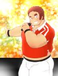  1boy 3c_pan :d bara belly blush brown_hair bulge cowboy_shot facial_hair gunzo_(housamo) highres holding holding_microphone long_sideburns looking_at_viewer male_focus microphone midriff_peek muscular muscular_male pants pectorals plump red_shirt rugby_uniform scar scar_on_arm scar_on_cheek scar_on_face shirt short_hair side_slit sideburns smile solo spiked_hair sportswear stubble thick_eyebrows thick_thighs thighs tokyo_afterschool_summoners white_pants 