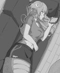  1girl absurdres artist_name breasts cellphone collarbone commission commissioner_upload couch fikkyun hair_between_eyes hair_ornament highres holding holding_phone lamia long_hair lying medium_breasts miia_(monster_musume) monochrome monster_girl monster_musume_no_iru_nichijou navel phone shirt skirt smartphone 