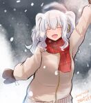  1girl absurdres alternate_costume brown_coat closed_eyes coat highres kantai_collection kashima_(kancolle) long_sleeves mittens open_mouth plaid plaid_shorts red_scarf saamon_(salmonkomaku) scarf shorts sidelocks silver_hair solo twintails upper_body wavy_hair 