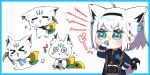  &gt;_&lt; @_@ ^^^ ahoge animal_ear_fluff animal_ears ascot asphyxiation bangs blowing_whistle blue_ascot blue_jacket border braid bunbun_(bn_bn) chibi choking_on_object commentary_request corset earrings eyebrows_visible_through_hair food fox_ears fox_girl fox_tail gloves green_eyes grey_skirt hair_between_eyes helmet highres holding holding_pickaxe hololive jacket jewelry onigiri open_clothes open_jacket pentagram pickaxe shirakami_fubuki shirt short_hair sidelocks simple_background single_braid skirt sukonbu_(shirakami_fubuki) tail virtual_youtuber white_background white_gloves white_hair white_shirt 