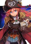  1girl belt blue_eyes cape drawing_sword epaulettes hat holding holding_sword holding_weapon hungry_clicker katou_marika miniskirt_pirates pirate_costume pirate_hat pleated_skirt red_hair skirt space sword weapon 