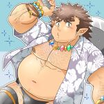  1boy andvari_(housamo) axe bara belly bikini bikini_bottom blush check_commentary chest_hair commentary commentary_request dark-skinned_male dark_skin dwarf hairy hawaiian_shirt jewelry long_sideburns male_focus muscular muscular_male necklace nipples nunutarou open_clothes open_shirt pectorals plump pointy_ears shirt short_hair sideburns swimsuit thick_eyebrows tokyo_afterschool_summoners 