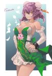  1girl adapted_costume bare_shoulders blue_background breasts bun_cover cherry_blossoms cleavage closed_mouth detached_sleeves double_bun dress feet_out_of_frame gradient gradient_background green_dress hand_on_hip highres ibaraki_kasen looking_at_viewer pink_hair red_eyes short_dress short_hair solo tabard thighs tomatolover16 touhou two-tone_dress white_background white_dress 