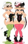  big_breasts black_hair breasts brown_eyes callie_(splatoon) cephalopod cleavage clothed clothing collar curvy_figure duo ear_piercing ear_ring female footwear gloves grey_hair hair handwear hi_res hourglass_figure humanoid inkling legwear looking_at_viewer marie_(splatoon) marine mollusk nintendo one-piece_swimsuit piercing pseudo_hair shoes sneakers socks splatoon squid_sisters_(splatoon) swimwear tan_body tan_skin tentacle_hair tentacles thick_thighs thigh_highs thigh_socks video_games wide_hips yuta_agc 