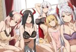  5girls admiral_hipper_(azur_lane) arm_under_breasts arm_up azur_lane bare_shoulders black_bra black_hair black_panties blonde_hair bra breasts cape choker cleavage closed_mouth curtains friedrich_der_grosse_(azur_lane) fur_trim graf_zeppelin_(azur_lane) green_eyes hair_over_one_eye headgear horns indoors large_breasts lingerie long_hair looking_at_viewer mechanical_horns mole mole_on_breast multiple_girls naha78 navel nightgown one_eye_closed panties pov prinz_eugen_(azur_lane) purple_bra red_eyes roon_(azur_lane) short_hair silver_hair smile two_side_up underwear very_long_hair white_hair window yellow_eyes 