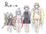  4girls animal_ears aqua_hair arm_up barefoot bird_ears bird_wings black_dress blonde_hair blush butterfly_wings closed_eyes closed_mouth collarbone dress eternity_larva eyebrows_visible_through_hair fairy feathered_wings full_body hair_between_eyes height_difference multicolored_hair multiple_girls mystia_lorelei niwatari_kutaka open_mouth pink_hair rangycrow red_hair red_wings shirt short_hair short_sleeves simple_background smile spaghetti_strap tokiko_(touhou) touhou two-tone_hair white_background white_hair white_shirt wings yellow_wings 