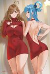  2girls ahoge aqua_(konosuba) ass back backless_dress backless_outfit bangs bare_arms bare_back bare_shoulders blue_eyes blue_hair blue_nails blush breasts brown_eyes brown_hair cleavage cleavage_cutout clothing_cutout commentary covered_navel dress earrings eyebrows_visible_through_hair hair_over_one_eye hair_rings hand_on_another&#039;s_shoulder hand_on_hip hand_on_own_chest highres jewelry kono_subarashii_sekai_ni_shukufuku_wo! large_breasts long_hair looking_at_viewer multiple_girls nail_polish one_eye_covered sendrawz shoulder_blades signature smile thighs wiz_(konosuba) 