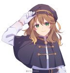  1girl amicia_michella arm_up bangs black_dress blonde_hair brown_hair capelet chika_(2343_chika) closed_mouth dress gloves gradient_hair green_eyes hand_on_headwear hat highres long_hair looking_at_viewer military military_uniform multicolored_hair nijisanji nijisanji_id shirt smile solo streaked_hair uniform upper_body virtual_youtuber white_background white_gloves white_shirt 