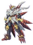  1boy absurdres bandages bangs black_gloves blonde_hair character_request claws clenched_hands digimon digimon_(creature) fingerless_gloves fur_trim gloves helmet highres horns looking_at_viewer ph6xeivbgpimggg rasenmon simple_background solo standing white_background 