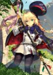  1girl artoria_pendragon_(caster)_(fate) artoria_pendragon_(fate) blonde_hair commentary_request eyebrows_visible_through_hair fate/grand_order fate_(series) feet_out_of_frame gloves green_eyes hair_between_eyes hat highres holding holding_staff long_hair long_sleeves looking_at_viewer mishiro_(ixtlolton) pantyhose revision smile solo staff standing takeuchi_takashi_(style) 