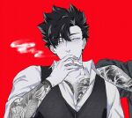  1boy alternate_universe arm_tattoo black_hair chest_tattoo cigarette collared_shirt full-body_tattoo greyscale haikyuu!! highres holding holding_cigarette irezumi kuroo_tetsurou leaning_on_person looking_ahead mafia male_focus messy_hair monochrome partially_unbuttoned red_background rion_tann shirt sleeves_rolled_up smoke smoking tattoo vest 