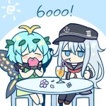  2girls anchor_symbol antennae aqua_hair barefoot black_headwear black_legwear black_sailor_collar black_skirt blue_eyes blush blush_stickers brown_footwear butterfly_wings caramell0501 chair chibi closed_eyes closed_mouth crossover cup dress drink drinking drinking_glass drinking_straw drinking_straw_in_mouth eating eternity_larva fairy flat_cap flower food green_dress hair_between_eyes hat hibiki_(kancolle) highres holding holding_food ice_cream kantai_collection leaf leaf_on_head long_hair long_sleeves multicolored_clothes multicolored_dress multiple_girls neckerchief pink_flower red_neckerchief sailor_collar school_uniform serafuku shoes short_hair silver_hair single_strap sitting skirt smile thighhighs thumbs_up touhou wings 