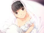  1boy 1girl arm_grab bangs black_hair blunt_bangs bridal_veil brown_eyes closed_mouth collarbone diadem dress esaka_rie eyebrows_visible_through_hair flower from_above game_cg jacket kan-in_tokkyuu_matsuba looking_at_viewer rose sakurajima_saromako shiny shiny_hair short_hair smile solo_focus strapless strapless_dress veil wedding wedding_dress white_background white_dress white_flower white_jacket white_rose 