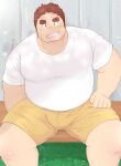  1boy 3c_pan bara belly blush brown_hair bulge facial_hair fat fat_man feet_out_of_frame gunzo_(housamo) highres large_pectorals long_sideburns looking_at_viewer male_focus muscular muscular_male pectorals plump scar scar_on_cheek scar_on_face scar_on_nose shirt short_hair shorts sideburns sitting smirk solo spiked_hair stubble thick_eyebrows thick_thighs thighs tight tight_shirt tokyo_afterschool_summoners white_shirt yellow_shorts 