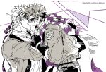  2boys battle_tendency caesar_anthonio_zeppeli closed_eyes face_grab facial_mark feather_hair_ornament feathers fingerless_gloves gloves hair_ornament headband highres jojo_no_kimyou_na_bouken joseph_joestar joseph_joestar_(young) kiss multiple_boys nigelungdayo partially_colored purple_scarf scarf striped striped_scarf triangle_print 