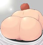  1boy 3c_pan ass ass_focus back bara brown_hair clothes_pull foreshortening gunzo_(housamo) highres leaning_back male_focus male_underwear male_underwear_pull muscular muscular_male pants pants_pull presenting short_hair solo sweatdrop tokyo_afterschool_summoners topless_male underwear 