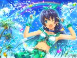  1girl ;d armpits blue_choker blue_eyes blue_gloves blue_hair blue_sky bow choker cloud coconut_tree crop_top day double_v fang fingerless_gloves floating_hair frilled_gloves frills ganaha_hibiki gloves green_bow green_skirt hair_bow idolmaster idolmaster_(classic) jewelry layered_skirt long_hair looking_at_viewer midriff miniskirt navel necklace one_eye_closed outdoors palm_tree pleated_skirt rainbow shiny shiny_hair skin_fang skirt sky sleeveless smile solo sparkle star_(symbol) star_necklace stomach summer tomato_(kiiroitomato33) tree v v_over_eye very_long_hair water 