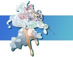  1girl blue_eyes breasts dress earrings flower hair_flower hair_ornament highres idol_clothes jewelry large_breasts long_hair maria_cadenzavna_eve microphone pink_hair sandals senki_zesshou_symphogear ueyasu 