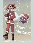  1boy belt black_hair blonde_hair boots bright_pupils brown_footwear brown_gloves christmas commentary duel_monster gloves hat highres holding holding_sack jacket kuriboh long_sleeves male_focus merry_christmas mutou_yuugi pants purple_eyes red_headwear red_jacket red_pants sack santa_hat short_hair soya_(sys_ygo) spiked_hair standing twitter_username white_pupils yu-gi-oh! 