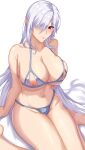  1girl absurdres arknights bare_arms bare_shoulders barefoot blue_panties blush bra breasts cleavage closed_mouth freed_turing gladiia_(arknights) groin hair_over_one_eye highres large_breasts long_hair looking_at_viewer navel nippleless_clothes nipples panties pointy_ears purple_bra red_eyes silver_hair simple_background sitting skindentation smile solo stomach thighs underwear underwear_only very_long_hair wariza white_background 