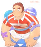  1boy 3c_pan bara blush brown_hair bulge facial_hair full_body gunzo_(housamo) highres kneeling long_sideburns looking_to_the_side male_focus muscular muscular_male pectorals red_shirt rugby_uniform scar scar_on_cheek scar_on_face shirt short_hair shorts sideburns solo spiked_hair spirit sportswear stubble sweat sweatdrop thick_eyebrows thick_thighs thighs tokyo_afterschool_summoners white_shorts 