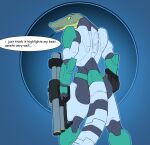  anthro athena_(f_draws) clothed clothing crocodile crocodilian crocodylid dialogue english_text f_draws female fingers green_body green_scales halo_(series) hi_res microsoft open_mouth pupils ranged_weapon rear_view reptile rocket_launcher scales scalie slit_pupils solo spartan_(halo) speech_bubble standing text video_games weapon xbox_game_studios yellow_sclera 
