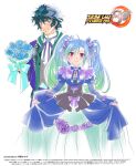  1boy 1girl absurdres alternate_costume az_sainklaus blue_dress blue_hair blue_suit bouquet copyright copyright_name dress earrings edge_sainklaus formal green_hair green_hoodie highres holding holding_bouquet hood hoodie jewelry kouno_sachiko looking_at_viewer multicolored_hair suit super_robot_wars super_robot_wars_30 two-tone_hair white_background 