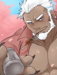  1boy aegir_(housamo) alternate_costume anchor_earrings aqua_hair bara beard blue_eyes blush casual cherry_blossoms dark-skinned_male dark_skin earrings eating facial_hair falling_petals fingernails food_request foreshortening highres incoming_gift jewelry large_pectorals male_focus mature_male mouth_hold multicolored_hair muscular muscular_male nunutarou open_clothes open_shirt pectoral_cleavage pectorals petals red_shirt sharp_fingernails shirt short_hair single_earring skewer solo streaked_hair tokyo_afterschool_summoners upper_body white_hair 