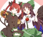  2girls :d animal_ears arm_cannon braid brown_hair cape cat_ears dress feathered_wings forked_tail full_body kaenbyou_rin light_blush long_hair looking_at_viewer multiple_girls nekomata red_eyes red_hair reiuji_utsuho sasaki_sakiko seiza simple_background sitting smile sparkle star_(symbol) star_print tail touhou twin_braids twintails v very_long_hair weapon wings 