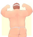  1boy 3c_pan ass back bara belly brown_hair cowboy_shot flexing flying_sweatdrops from_behind fundoshi gunzo_(housamo) headband highres japanese_clothes male_focus muscular muscular_male plump pose short_hair solo spiked_hair tan tanlines thick_thighs thighs tokyo_afterschool_summoners topless_male 