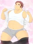  1boy 3c_pan abs bara belly blush boxers brown_hair bulge clothes_lift clothes_pull facial_hair feet_out_of_frame grey_male_underwear gunzo_(housamo) heart heart_background large_pectorals long_sideburns looking_to_the_side lying male_focus male_underwear male_underwear_pull midriff_peek muscular muscular_male navel nipples on_back pants pants_pull pectoral_cleavage pectorals plump scar scar_on_cheek scar_on_face shirt_grab shirt_lift short_hair sideburns sidepec solo spiked_hair stomach stubble sweatdrop tank_top thick_eyebrows thick_thighs thighs tokyo_afterschool_summoners underwear undressing white_tank_top 