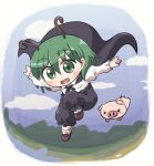  &gt;_&lt; 1girl :d antennae bangs black_cape black_pants brown_footwear cape eyebrows_visible_through_hair full_body green_eyes green_hair looking_at_viewer open_mouth outdoors pants pig rokugou_daisuke shirt short_hair signature smile touhou white_legwear white_shirt wriggle_nightbug 