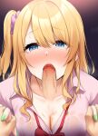  1boy 1girl bangs blonde_hair blue_eyes blurry blurry_foreground blush bow bowtie breasts censored cleavage collared_shirt commentary_request depth_of_field erection eyebrows_visible_through_hair eyes_visible_through_hair fellatio green_nails hair_ornament hair_scrunchie heart heart-shaped_pupils hetero highres holding_hands interlocked_fingers long_hair looking_at_viewer mosaic_censoring nail_polish nose_blush oral original penis pink_shirt pov purple_scrunchie red_bow red_bowtie scrunchie shirayuiii shirt side_ponytail sweat symbol-shaped_pupils tearing_up 