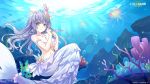  1girl bare_shoulders breasts cleavage closed_mouth date_a_live date_a_live:_spirit_pledge earrings fish grey_eyes hair_ornament highres izayoi_miku jellyfish jewelry light_purple_hair long_hair looking_at_viewer mermaid monster_girl necklace official_art smile solo underwater 