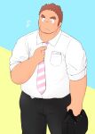  1boy 3c_pan alternate_costume bara belly black_pants blush briefcase brown_hair collared_shirt facial_hair feet_out_of_frame flying_sweatdrops gunzo_(housamo) highres id_card long_sideburns male_focus necktie pants pink_necktie plump salaryman scar scar_on_cheek scar_on_face shirt shirt_tucked_in short_hair sideburns sleeves_rolled_up solo spiked_hair standing striped_necktie stubble thick_eyebrows tokyo_afterschool_summoners white_shirt 