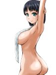  1girl absurdres ass back black_hair breasts closed_mouth covering covering_breasts green_eyes highres kirigaya_suguha looking_at_viewer medium_breasts naked_towel ryuusama short_hair simple_background smile solo sword_art_online towel white_background 