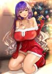  1girl bangs banned_artist bare_shoulders boots box breasts christmas_tree elbow_gloves eyebrows_behind_hair fur_trim gift gloves gradient_hair highres hijiri_byakuren holding holding_gift indoors kneeling large_breasts light_particles long_hair multicolored_hair poko_(mammypoko) purple_hair santa_dress solo touhou very_long_hair yellow_eyes 