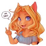  2018 5_fingers alpha_channel anthro blonde_hair blue_eyes breasts cheese_quesadilla chibi corablue cute_fangs dialogue english_text felid female fingers gesture hair looking_at_viewer mammal open_mouth pink_nose simple_background smile solo stated_homosexuality stated_sexuality text transparent_background v_sign 