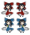 1girl alternate_color ascot bangs bare_shoulders black_footwear black_hair blue_ascot blue_bow blue_dress blush bow brown_eyes chibi closed_mouth collar collared_dress detached_sleeves dress eyebrows_visible_through_hair frills full_body gohei hair_ornament hair_tubes hakurei_reimu hand_on_hip large_bow long_sleeves looking_at_another neruzou player_2 red_bow red_dress shoes short_hair simple_background socks solo standing teeth touhou white_background white_legwear wide_sleeves yellow_ascot 