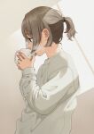  1girl artist_name brown_hair cup drinking holding holding_cup hot_drink mattaku_mousuke mug original short_ponytail solo steam sunlight sweater upper_body watermark 