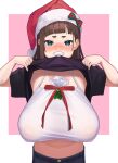  1girl bangs blue_eyes blunt_bangs blush breasts brown_hair covered_nipples facial_hair hair_behind_ear hat highres huge_breasts lifted_by_self long_hair looking_at_viewer mole mole_under_eye mouth_hold mustache navel nose_blush original sagging_breasts santa_hat see-through shirt_in_mouth short_bangs simple_background solo upper_body wotori 