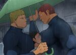  3boys bara between_pectorals black_hair blonde_hair blue_shirt brown_hair face_to_pecs facial_hair head_between_pecs highres holding holding_umbrella large_pectorals looking_at_another male_focus multiple_boys muscular muscular_male original outdoors pectorals rain shirt short_hair sideburns stubble ta_koazuma taut_clothes taut_shirt umbrella upper_body water_drop wet wet_face yaoi 